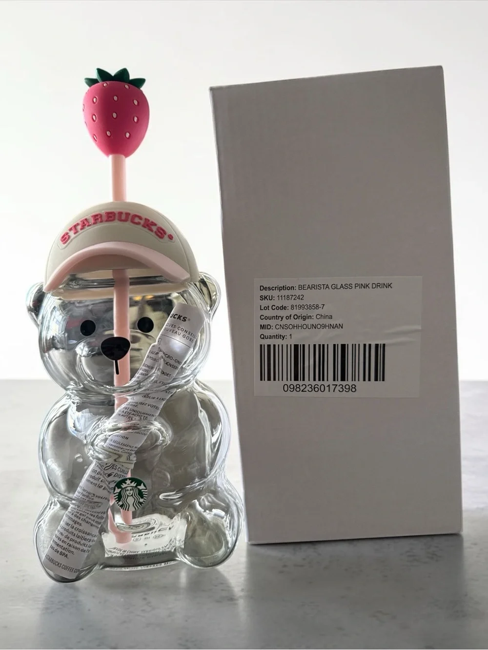 Authentic Starbucks Clear Bear Bottle with Pink Strawberry Straw and Cream Cap